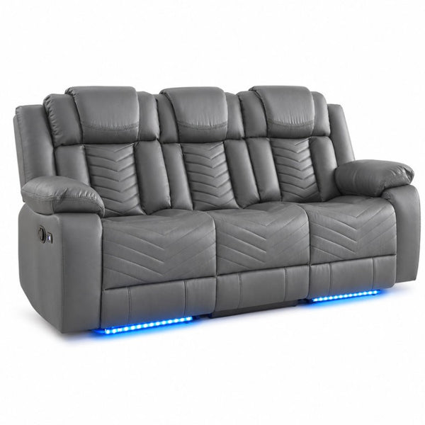 English Elm 2 Piece Faux Leather Recliner Sofa Set with Blue LED Ambient Lighting Bluetooth Audio Gray 88.26 inches 2-Piece Power Recliner Set B2766S00018