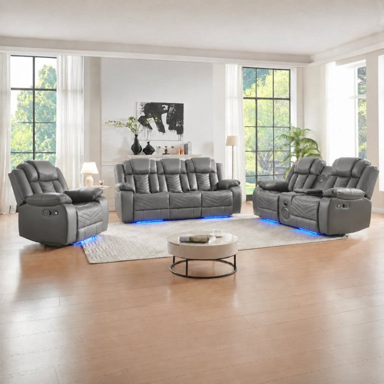 English Elm 3-Piece Faux Leather Power Reclining Sofa Set with LED Lighting and Bluetooth Speakers B2766S00019