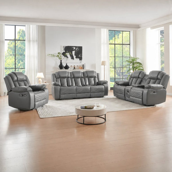 English Elm 3-Piece Faux Leather Power Reclining Sofa Set with LED Lighting and Bluetooth Speakers B2766S00019