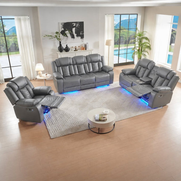 English Elm 3-Piece Faux Leather Power Reclining Sofa Set with LED Lighting and Bluetooth Speakers B2766S00019