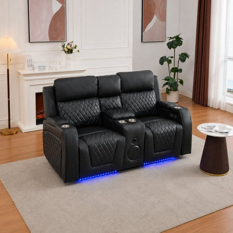 English Elm Two-Seater Power Reclining Sofa with Bluetooth Audio LED Lighting and Storage Console Black B2766S00020