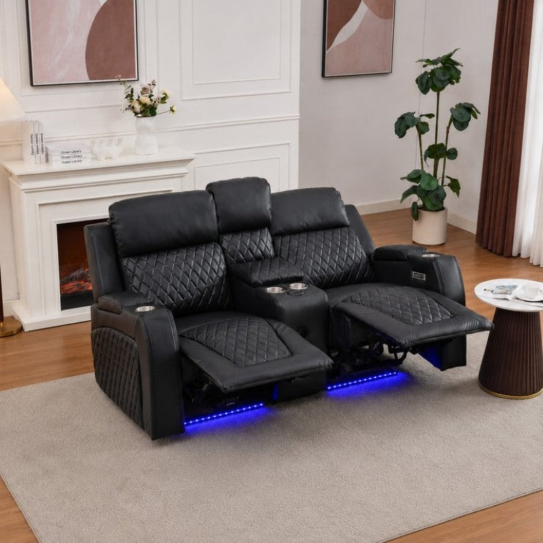 English Elm Two-Seater Power Reclining Sofa with Bluetooth Audio LED Lighting and Storage Console Black B2766S00020