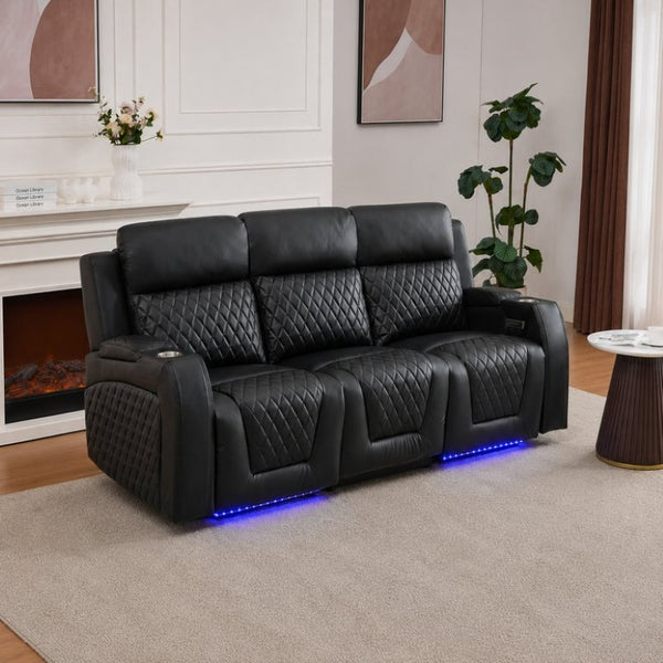 English Elm Three-Seater Power Reclining Sofa with LED Ambient Lighting and Faux Leather Finish Black B2766S00021