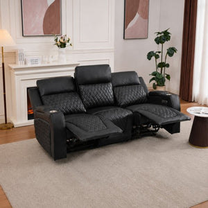 English Elm Three-Seater Power Reclining Sofa with LED Ambient Lighting and Faux Leather Finish Black B2766S00021