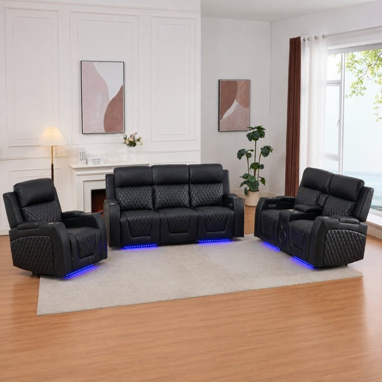 English Elm 3 Piece Power Reclining Sofa Set with LED Lighting Bluetooth Speakers Leather Living Room B2766S00023