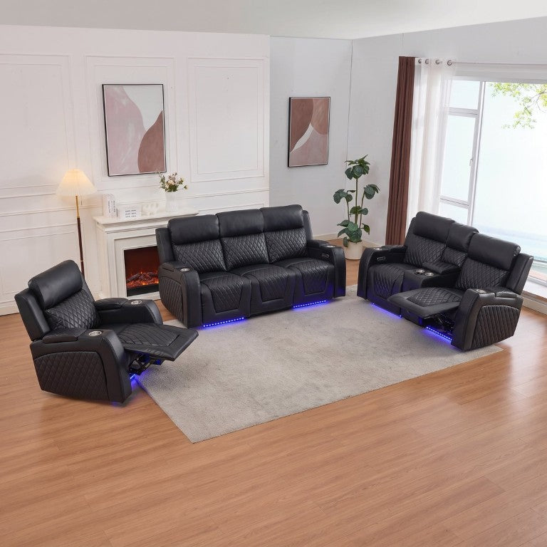 English Elm 3 Piece Power Reclining Sofa Set with LED Lighting Bluetooth Speakers Leather Living Room B2766S00023