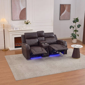 English Elm Two-Seater Power Reclining Sofa with Bluetooth Audio LED Lighting and Storage Console Brown B2766S00024