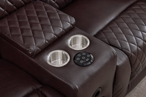 English Elm Two-Seater Power Reclining Sofa with Bluetooth Audio LED Lighting and Storage Console Brown B2766S00024