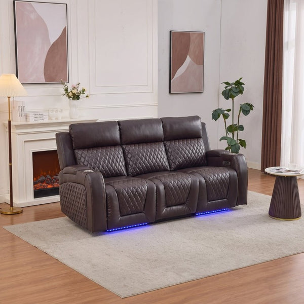 English Elm Three-Seater Power Reclining Sofa with LED Ambient Lighting and Faux Leather Finish Brown B2766S00025