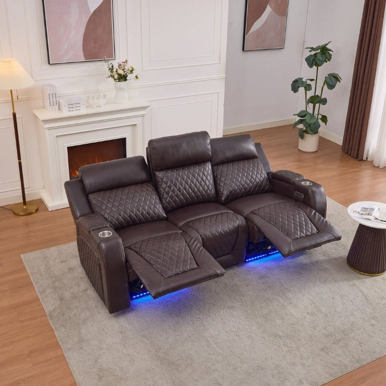 English Elm Three-Seater Power Reclining Sofa with LED Ambient Lighting and Faux Leather Finish Brown B2766S00025