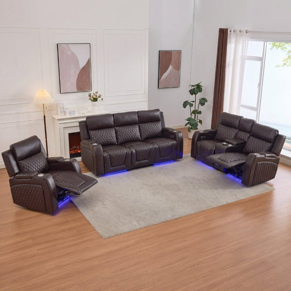 English Elm 3 Piece Leather Power Reclining Sofa Set with LED Lighting and Bluetooth Speakers Brown B2766S00027