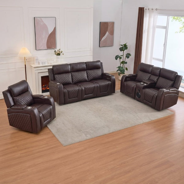 English Elm 3 Piece Leather Power Reclining Sofa Set with LED Lighting and Bluetooth Speakers Brown B2766S00027