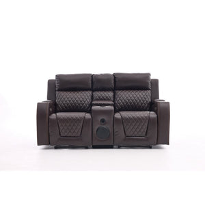 English Elm 3 Piece Leather Power Reclining Sofa Set with LED Lighting and Bluetooth Speakers Brown B2766S00027