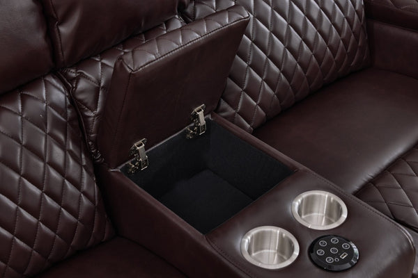 English Elm 3 Piece Leather Power Reclining Sofa Set with LED Lighting and Bluetooth Speakers Brown B2766S00027