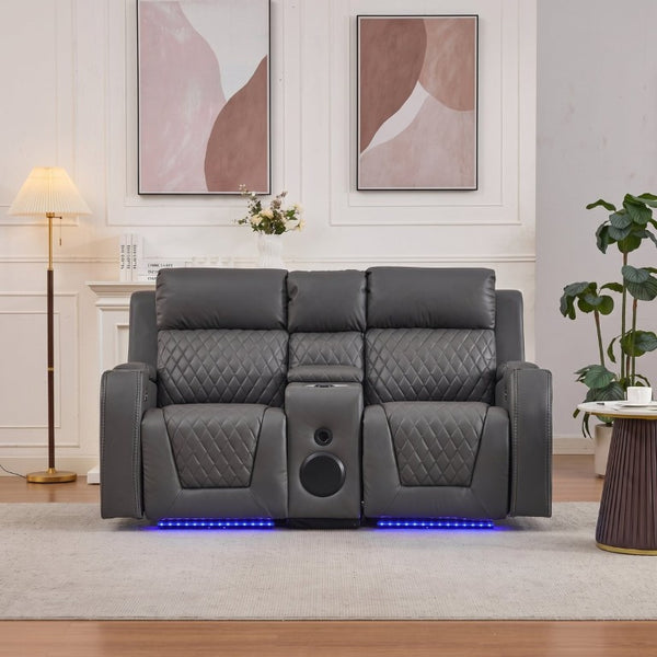English Elm Two-Seater Faux Leather Electric Recliner Sofa with Bluetooth Speaker and LED Base B2766S00028
