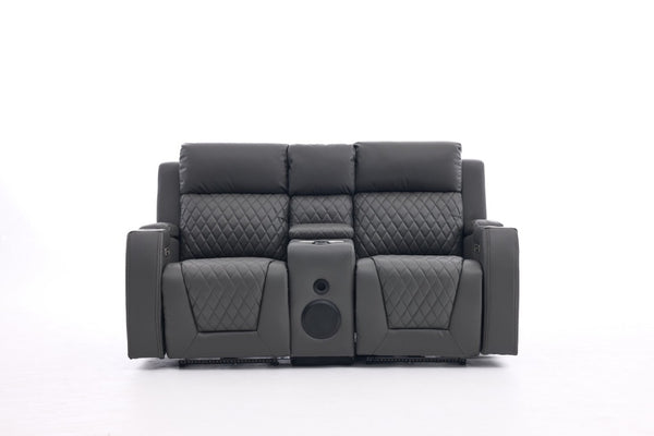 English Elm Two-Seater Faux Leather Electric Recliner Sofa with Bluetooth Speaker and LED Base B2766S00028