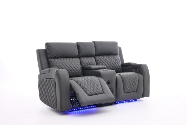 English Elm Two-Seater Faux Leather Electric Recliner Sofa with Bluetooth Speaker and LED Base B2766S00028