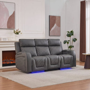 English Elm Three-Seater Power Reclining Sofa with LED Ambient Glow Cup Holders and Storage B2766S00029