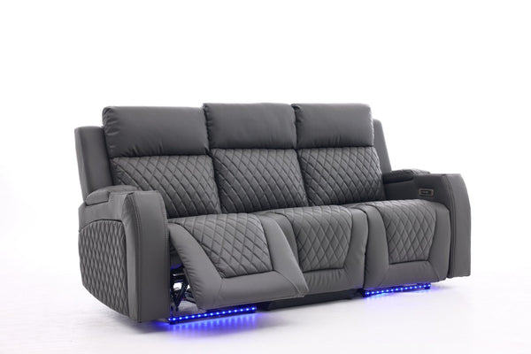 English Elm Three-Seater Power Reclining Sofa with LED Ambient Glow Cup Holders and Storage B2766S00029