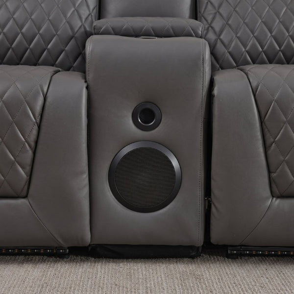 English Elm 3 Piece Leather Power Reclining Sofa Set with LED Lighting and Bluetooth Speakers Gray B2766S00031