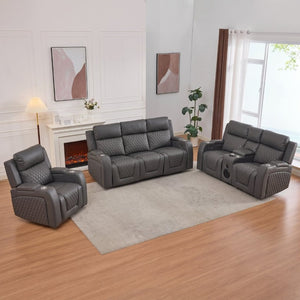 English Elm 3 Piece Leather Power Reclining Sofa Set with LED Lighting and Bluetooth Speakers Gray B2766S00031