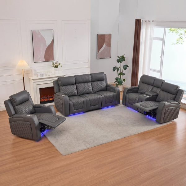 English Elm 3 Piece Leather Power Reclining Sofa Set with LED Lighting and Bluetooth Speakers Gray B2766S00031