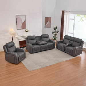 English Elm 3 Piece Leather Power Reclining Sofa Set with LED Lighting and Bluetooth Speakers Gray B2766S00031