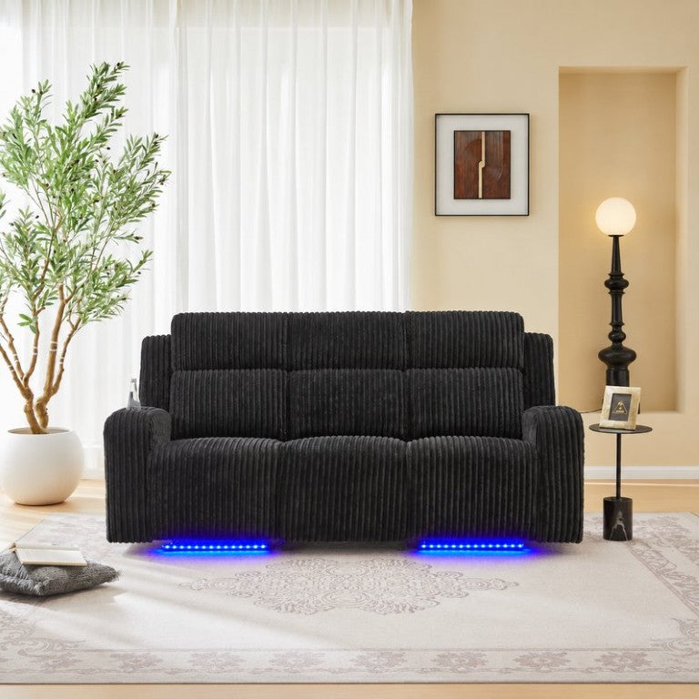 English Elm 3-Seater Corduroy Power Reclining Sofa with LED Lighting and USB Ports for Home Theater B2766S00033