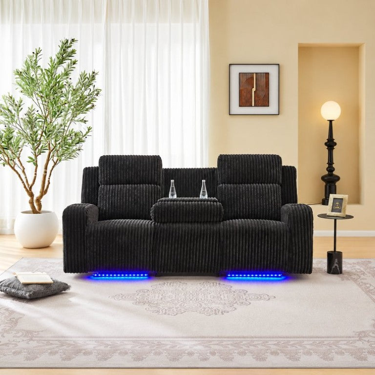 English Elm 3-Seater Corduroy Power Reclining Sofa with LED Lighting and USB Ports for Home Theater B2766S00033