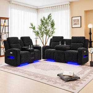 English Elm 2 Piece Corduroy Power Reclining Sofa Set with LED Lighting and Bluetooth Speaker B2766S00034