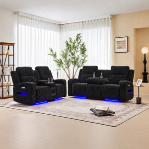 English Elm 2 Piece Corduroy Power Reclining Sofa Set with LED Lighting and Bluetooth Speaker B2766S00034
