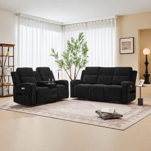 English Elm 2 Piece Corduroy Power Reclining Sofa Set with LED Lighting and Bluetooth Speaker B2766S00034