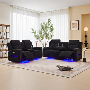 English Elm 2 Piece Corduroy Power Reclining Sofa Set with LED Lighting and Bluetooth Speaker B2766S00034
