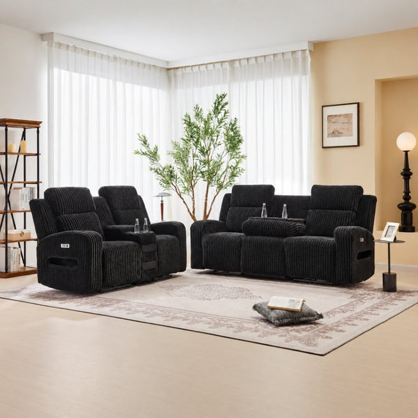 English Elm 2 Piece Corduroy Power Reclining Sofa Set with LED Lighting and Bluetooth Speaker B2766S00034