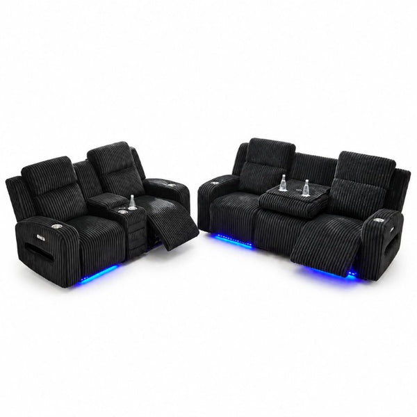 English Elm 2 Piece Corduroy Power Reclining Sofa Set with LED Lighting and Bluetooth Speaker B2766S00034