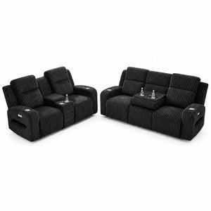 English Elm 2 Piece Corduroy Power Reclining Sofa Set with LED Lighting and Bluetooth Speaker B2766S00034