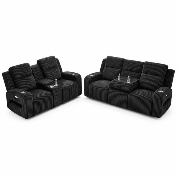 English Elm 2 Piece Corduroy Power Reclining Sofa Set with LED Lighting and Bluetooth Speaker B2766S00034