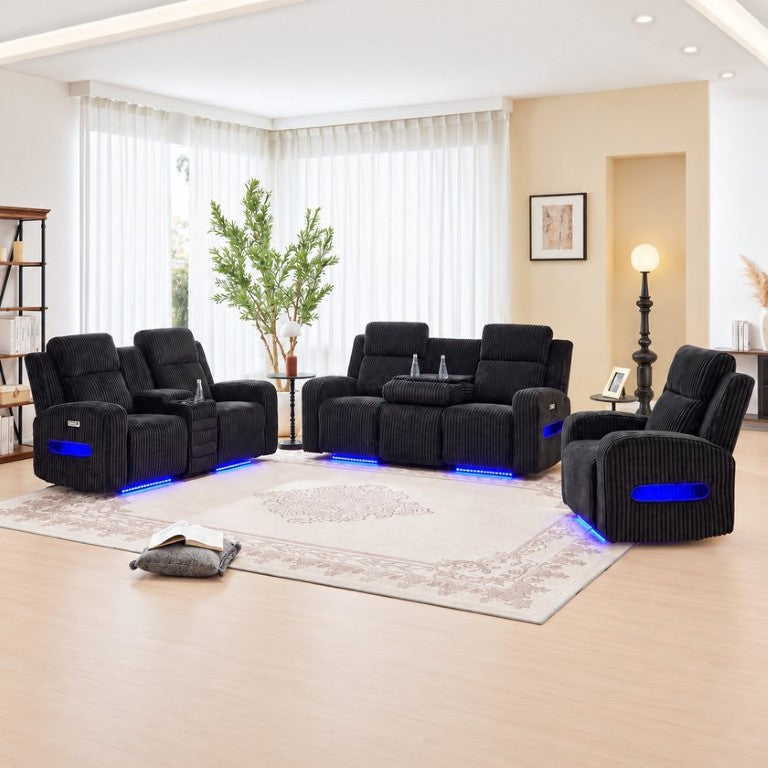 English Elm 3 Piece Power Reclining Corduroy Sofa Set with LED Lighting and Bluetooth Speakers B2766S00035