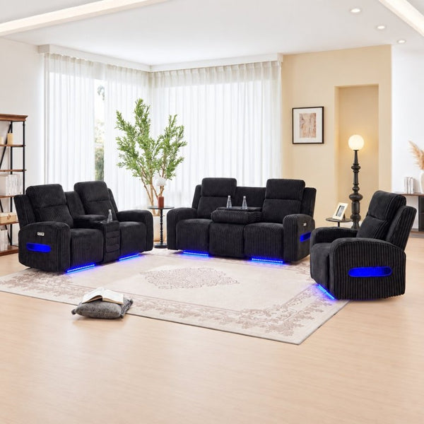 English Elm 3 Piece Power Reclining Corduroy Sofa Set with LED Lighting and Bluetooth Speakers B2766S00035
