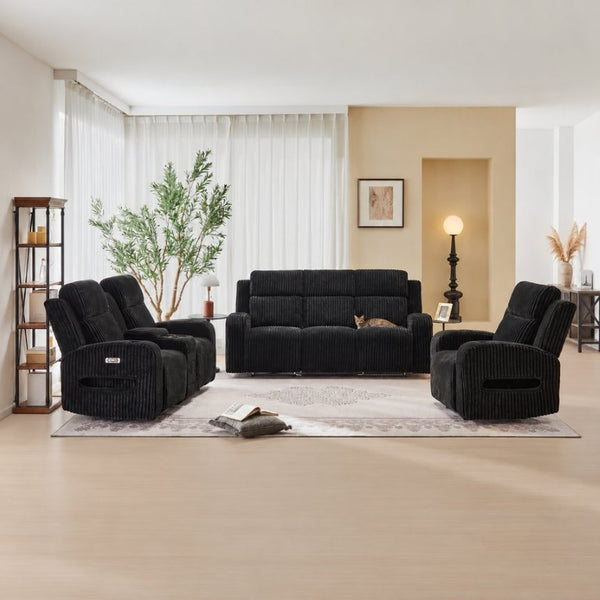 English Elm 3 Piece Power Reclining Corduroy Sofa Set with LED Lighting and Bluetooth Speakers B2766S00035