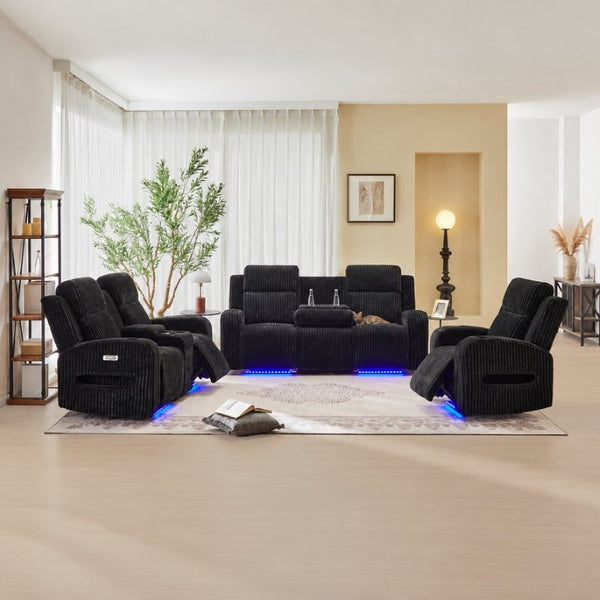 English Elm 3 Piece Power Reclining Corduroy Sofa Set with LED Lighting and Bluetooth Speakers B2766S00035
