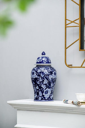 English Elm 9.5X9.5x18 Porcelain Ginger Jar Cobalt Blue Chinoiserie Floral Finial Lid Mantel Accent B2768P496869