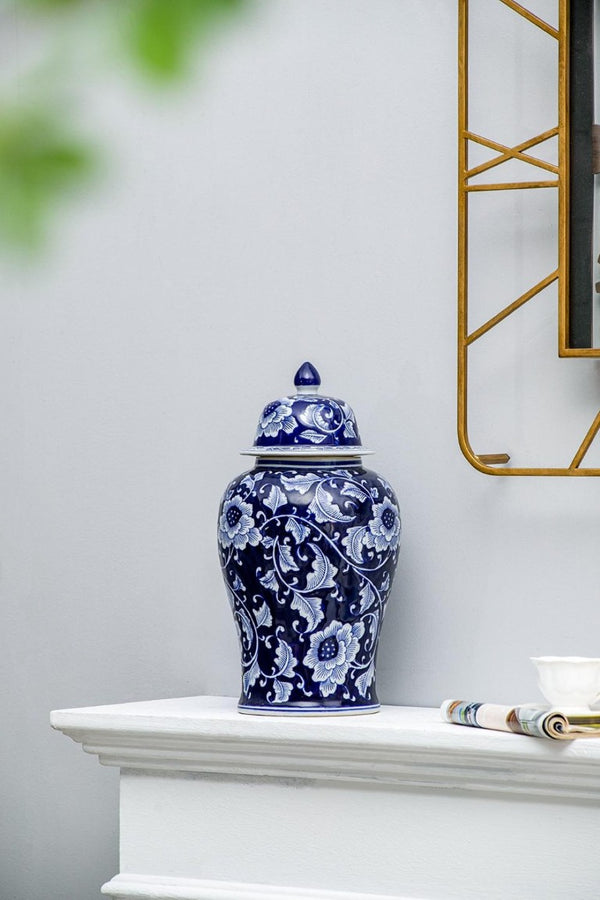 English Elm 9.5X9.5x18 Porcelain Ginger Jar Cobalt Blue Chinoiserie Floral Finial Lid Mantel Accent B2768P496869