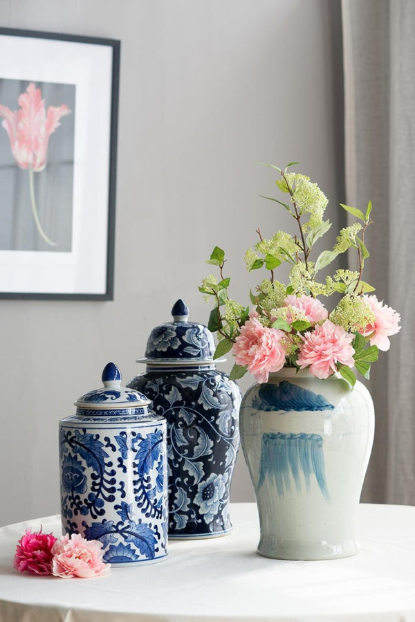 English Elm 9.5X9.5x18 Porcelain Ginger Jar Cobalt Blue Chinoiserie Floral Finial Lid Mantel Accent B2768P496869