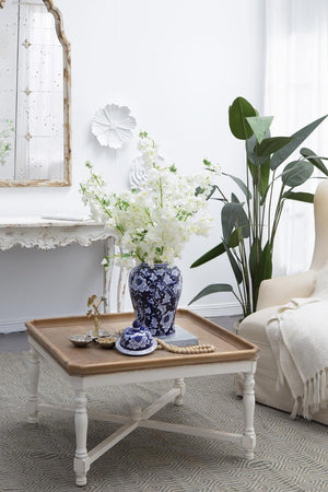 English Elm 9.5X9.5x18 Porcelain Ginger Jar Cobalt Blue Chinoiserie Floral Finial Lid Mantel Accent B2768P496869