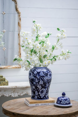English Elm 9.5X9.5x18 Porcelain Ginger Jar Cobalt Blue Chinoiserie Floral Finial Lid Mantel Accent B2768P496869