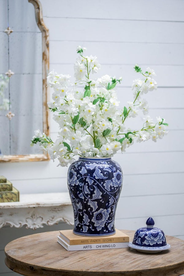 English Elm 9.5X9.5x18 Porcelain Ginger Jar Cobalt Blue Chinoiserie Floral Finial Lid Mantel Accent B2768P496869