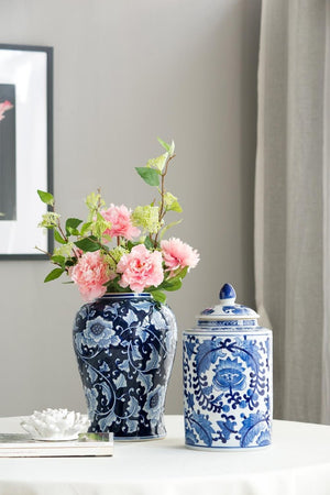 English Elm 9.5X9.5x18 Porcelain Ginger Jar Cobalt Blue Chinoiserie Floral Finial Lid Mantel Accent B2768P496869