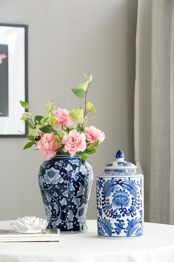 English Elm 9.5X9.5x18 Porcelain Ginger Jar Cobalt Blue Chinoiserie Floral Finial Lid Mantel Accent B2768P496869