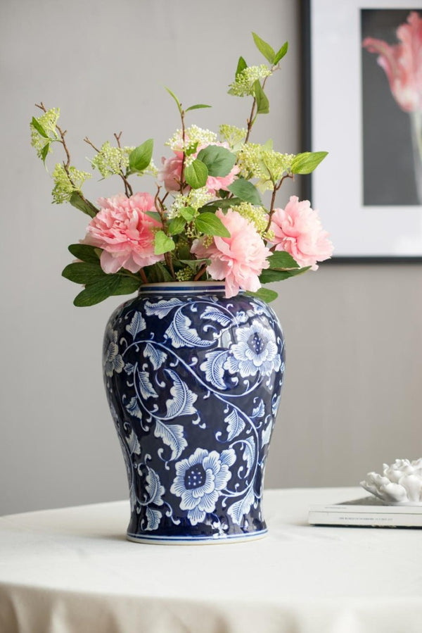 English Elm 9.5X9.5x18 Porcelain Ginger Jar Cobalt Blue Chinoiserie Floral Finial Lid Mantel Accent B2768P496869